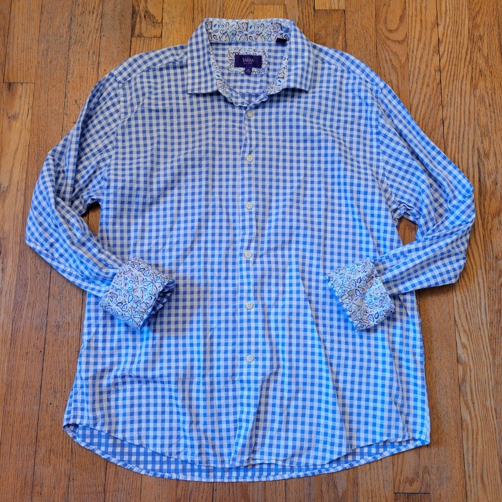 Tallia XL Button Down Blue Gingham Check Paisley Contrast Trim 17.5 Preppy